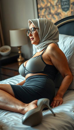 A captivating 60-year-old Arab woman CEO lying in a luxurious apartment setting