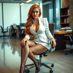 A sexy, beautiful, curvy girl with long flame red hair and captivating green eyes, sitting on a chair in an office environment