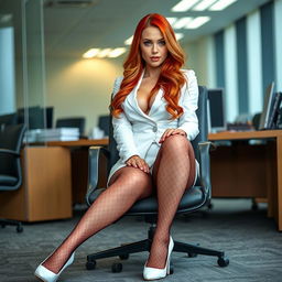 A sexy, beautiful, curvy girl with long flame red hair and captivating green eyes, sitting on a chair in an office environment
