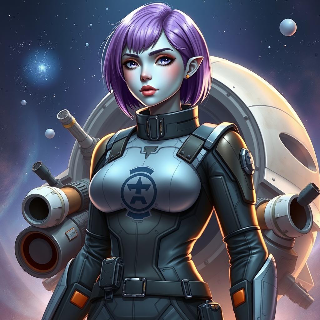 A female sci-fi RPG character, featuring a half-human, half-alien design with light blue skin