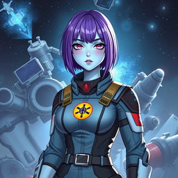 A female sci-fi RPG character, featuring a half-human, half-alien design with light blue skin