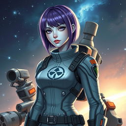 A female sci-fi RPG character, featuring a half-human, half-alien design with light blue skin