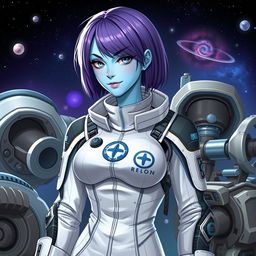 A female sci-fi RPG character, featuring a half-human, half-alien design with light blue skin