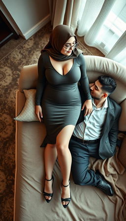 A powerful 40-year-old Arab woman, portrayed as a confident CEO with large breasts and a curvy, fit body