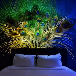 A bedroom wall showcasing an illuminated Mor Pankh, or peacock feather, theme using LED lights, accentuating the vibrant colors of green, blue, and gold.