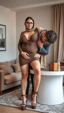 A striking 40-year-old European woman, exuding confidence and allure, with large breasts and a curvy figure