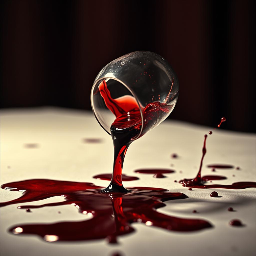 A cinematic movie cover featuring a toppled wine glass spilling red wine across the table, with vivid splashes of the wine creating dramatic effects including some blood stains mixed in