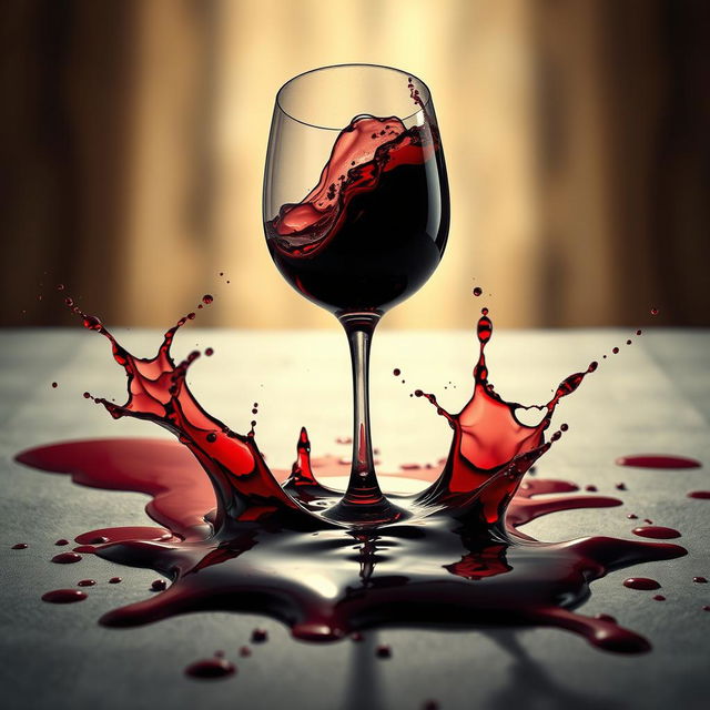 A cinematic movie cover featuring a toppled wine glass spilling red wine across the table, with vivid splashes of the wine creating dramatic effects including some blood stains mixed in