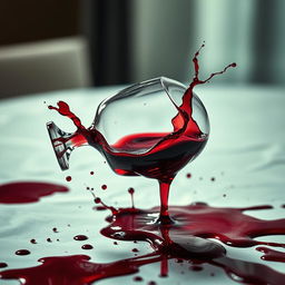 A cinematic movie cover featuring a toppled wine glass spilling red wine across the table, with vivid splashes of the wine creating dramatic effects including some blood stains mixed in