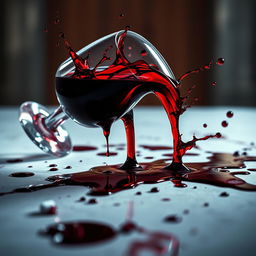 A cinematic movie cover featuring a toppled wine glass spilling red wine across the table, with vivid splashes of the wine creating dramatic effects including some blood stains mixed in