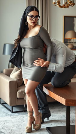 A powerful 40-year-old European woman with large breasts and a curvy figure, displaying a serious expression that emphasizes her confidence