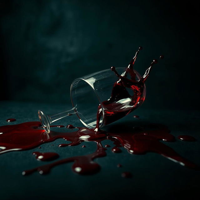 A movie cover featuring an overturned wine glass with red wine spilling out, creating dramatic splashes and stains of blood on a dark background