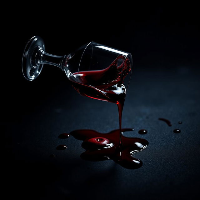 A dramatic movie cover featuring a wine glass tipped over, with red wine spilling out, creating elegant splashes and stains on the surface