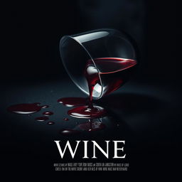 A dramatic movie cover featuring a wine glass tipped over, with red wine spilling out, creating elegant splashes and stains on the surface