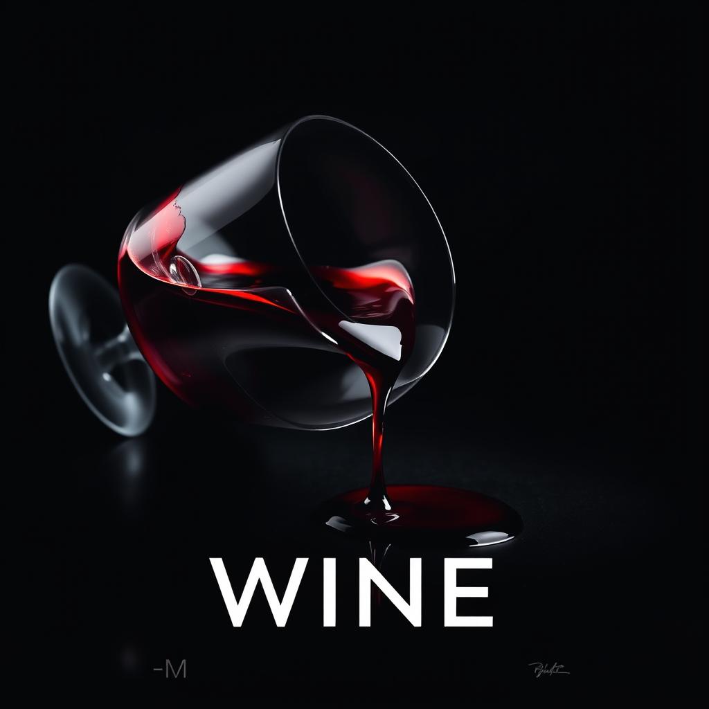 A dramatic movie cover featuring a wine glass tipped over, with red wine spilling out, creating elegant splashes and stains on the surface