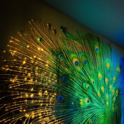 A bedroom wall showcasing an illuminated Mor Pankh, or peacock feather, theme using LED lights, accentuating the vibrant colors of green, blue, and gold.