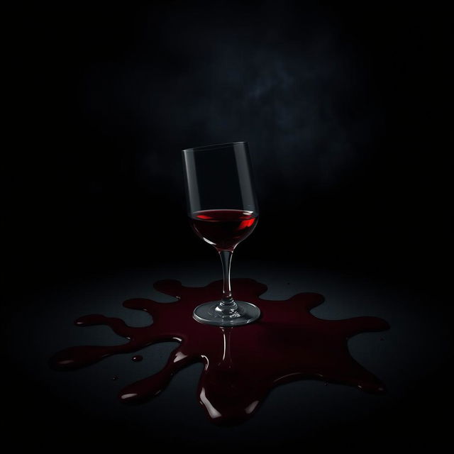 A movie poster design featuring a red wine glass tipped over, spilling wine onto a dark surface with some blood stains mixed in with the wine