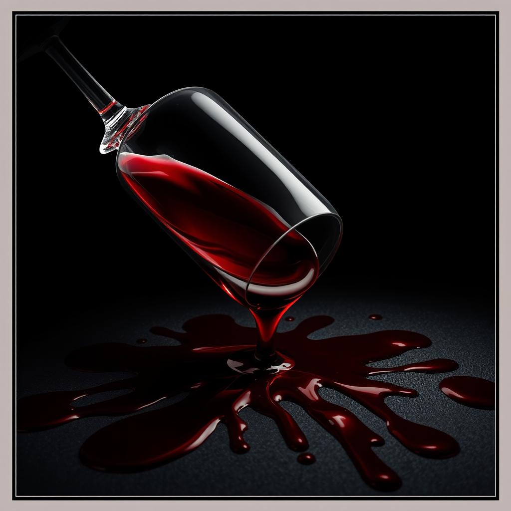 A movie poster design featuring a red wine glass tipped over, spilling wine onto a dark surface with some blood stains mixed in with the wine