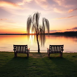 A serene landscape depicting the concept of letting go of a relationship, featuring a gentle sunset over a tranquil lake, reflections of warm colors on the water, soft waves lapping at the shore, and two empty benches facing away from each other