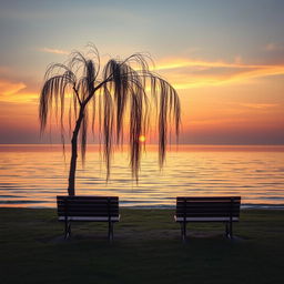 A serene landscape depicting the concept of letting go of a relationship, featuring a gentle sunset over a tranquil lake, reflections of warm colors on the water, soft waves lapping at the shore, and two empty benches facing away from each other