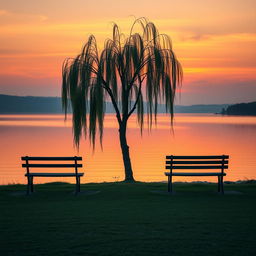 A serene landscape depicting the concept of letting go of a relationship, featuring a gentle sunset over a tranquil lake, reflections of warm colors on the water, soft waves lapping at the shore, and two empty benches facing away from each other
