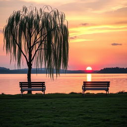 A serene landscape depicting the concept of letting go of a relationship, featuring a gentle sunset over a tranquil lake, reflections of warm colors on the water, soft waves lapping at the shore, and two empty benches facing away from each other