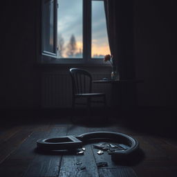 A poignant scene capturing the emotional weight of a breakup, featuring a dimly lit room with a half-open window allowing soft twilight to enter