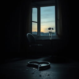 A poignant scene capturing the emotional weight of a breakup, featuring a dimly lit room with a half-open window allowing soft twilight to enter