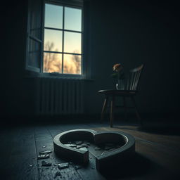 A poignant scene capturing the emotional weight of a breakup, featuring a dimly lit room with a half-open window allowing soft twilight to enter