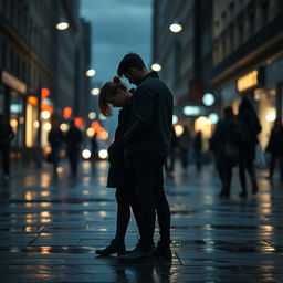A melancholic urban scene capturing the aftermath of a breakup on a city street at dusk