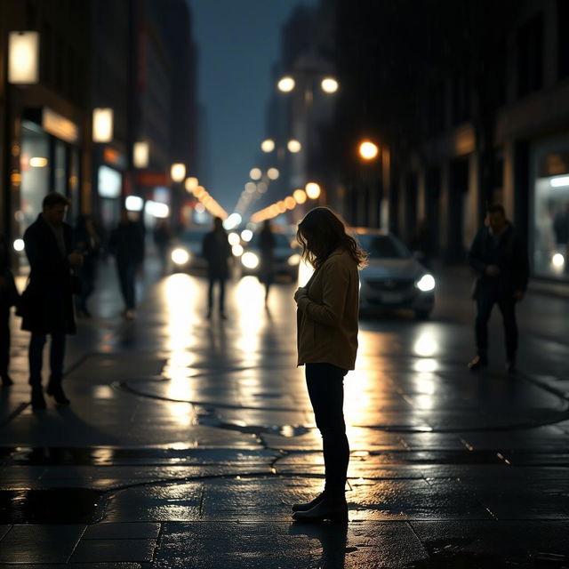 A melancholic urban scene capturing the aftermath of a breakup on a city street at dusk