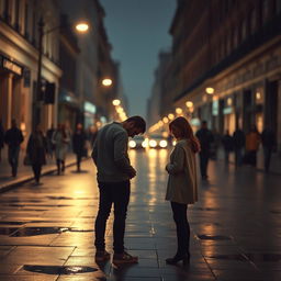 A melancholic urban scene capturing the aftermath of a breakup on a city street at dusk
