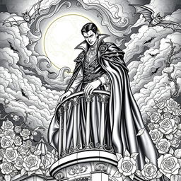 An intricate vampire-themed coloring book page designed for adults, featuring a majestic, brooding vampire lord in an ornate gothic setting