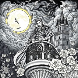 An intricate vampire-themed coloring book page designed for adults, featuring a majestic, brooding vampire lord in an ornate gothic setting
