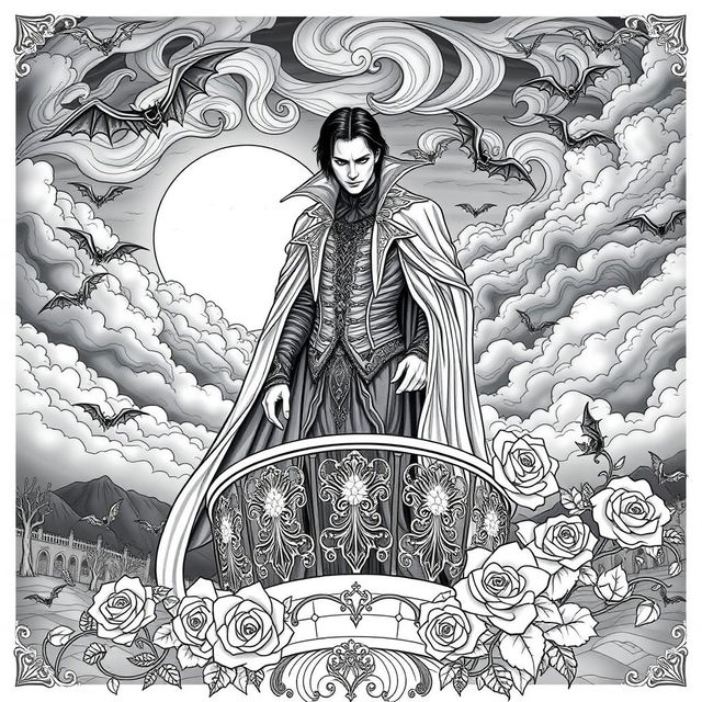 An intricate vampire-themed coloring book page designed for adults, featuring a majestic, brooding vampire lord in an ornate gothic setting