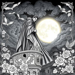 An intricate vampire-themed coloring book page designed for adults, featuring a majestic, brooding vampire lord in an ornate gothic setting