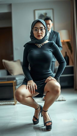 A captivating 40-year-old Vietnamese woman with large breasts and a curvy figure, depicted in a squatting pose that showcases her fit body