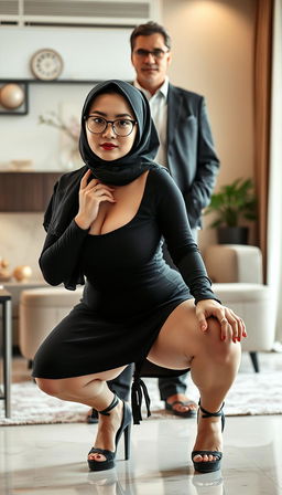 A captivating 40-year-old Vietnamese woman with large breasts and a curvy figure, depicted in a squatting pose that showcases her fit body