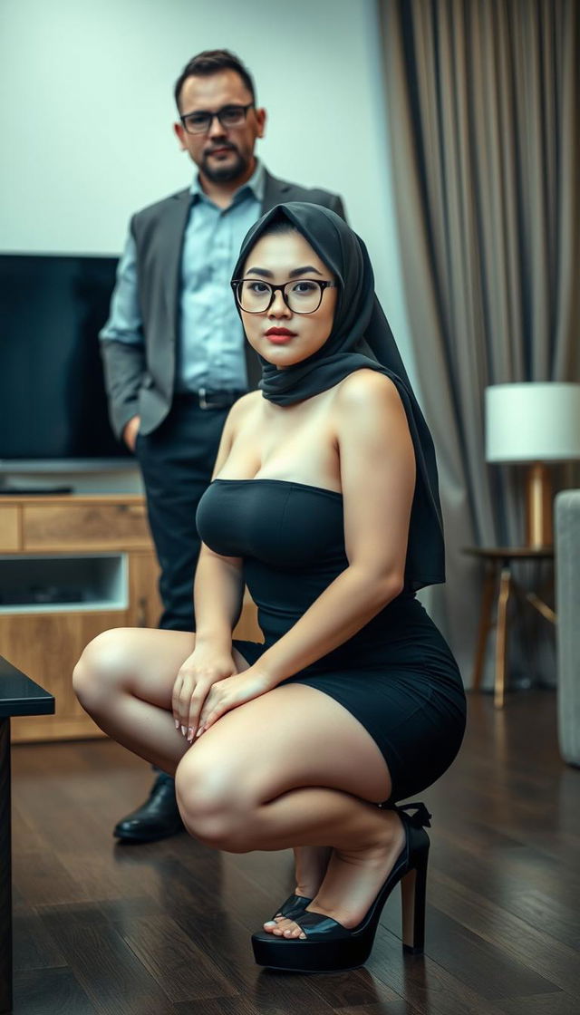 A captivating 40-year-old Vietnamese woman with large breasts and a curvy figure, depicted in a squatting pose that showcases her fit body