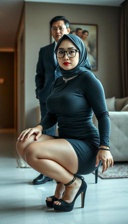A captivating 40-year-old Vietnamese woman with large breasts and a curvy figure, depicted in a squatting pose that showcases her fit body