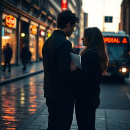 A poignant scene capturing a sad breakup on a city street, set during early evening with the fading light casting long shadows