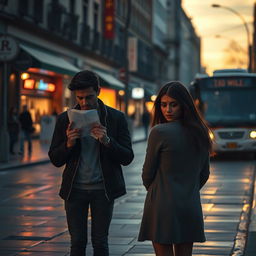 A poignant scene capturing a sad breakup on a city street, set during early evening with the fading light casting long shadows