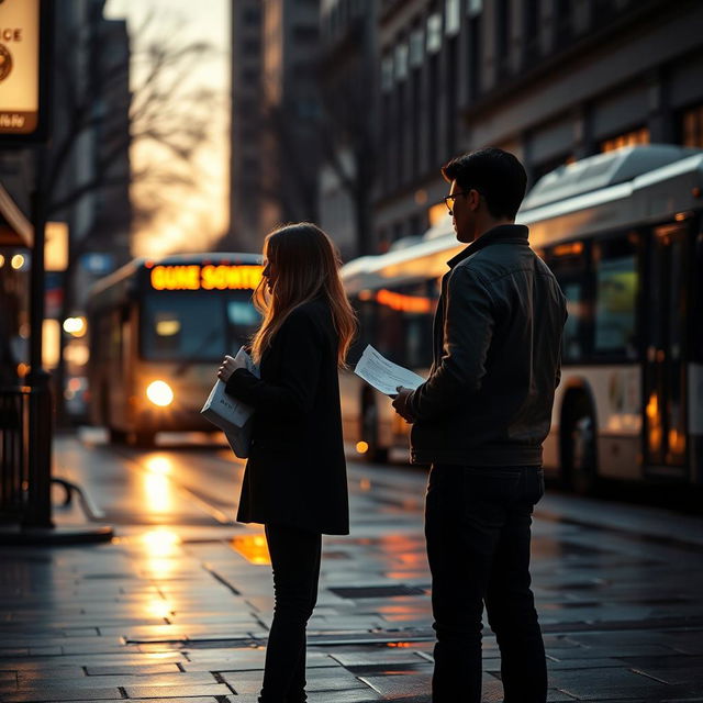 A poignant scene capturing a sad breakup on a city street, set during early evening with the fading light casting long shadows