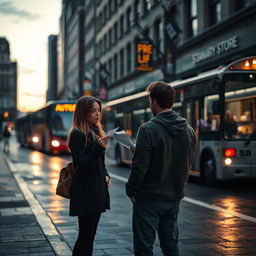 A poignant scene capturing a sad breakup on a city street, set during early evening with the fading light casting long shadows