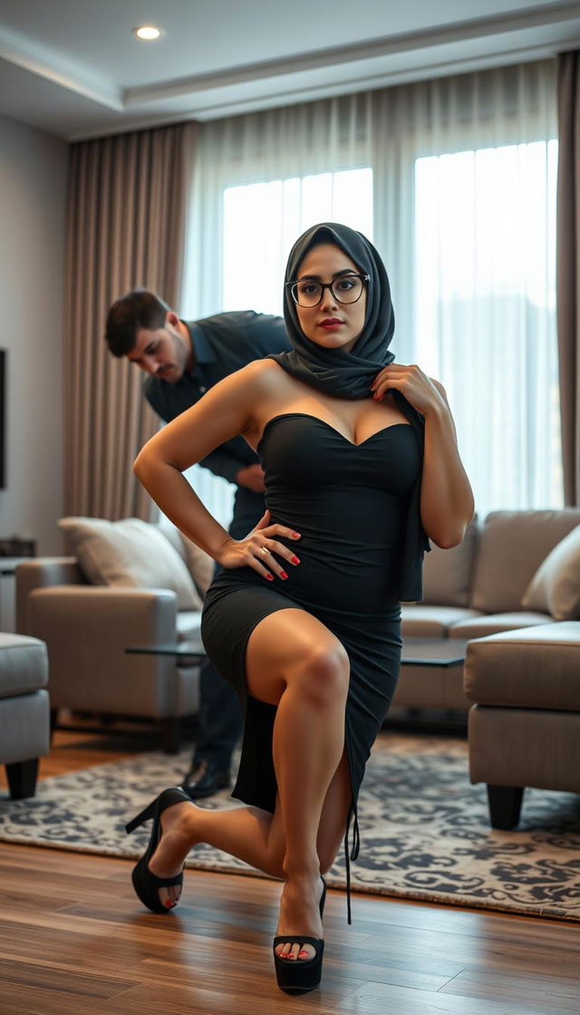 A striking 40-year-old Arab woman with large breasts and a curvy figure, showcasing a serious expression that radiates confidence