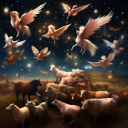 A myriad of farm animal Pegasus: cows, pigs, horses, chickens, and sheep, all with fantastical wings flying harmoniously across the celestial starscape.