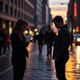 A heart-wrenching scene depicting a sad breakup on a bustling city street during twilight