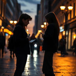 A heart-wrenching scene depicting a sad breakup on a bustling city street during twilight