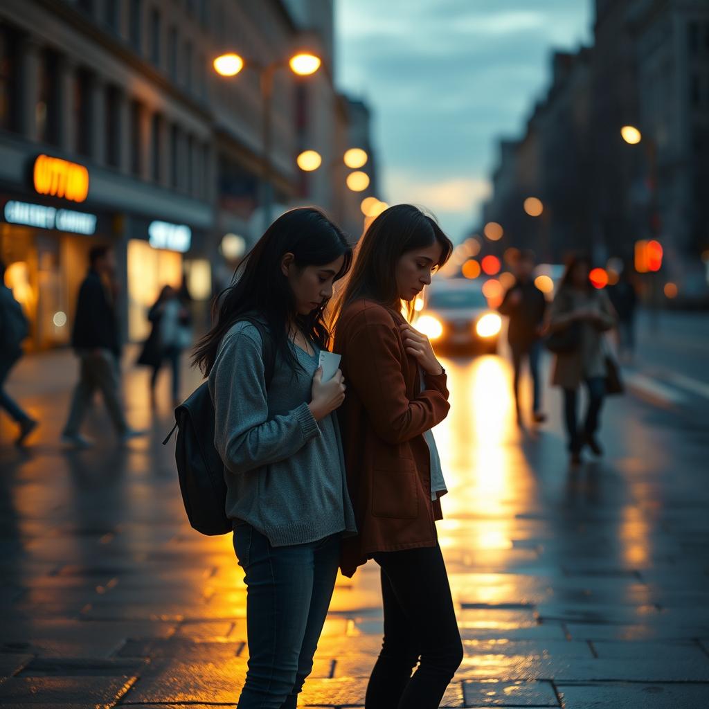 A heart-wrenching scene depicting a sad breakup on a bustling city street during twilight