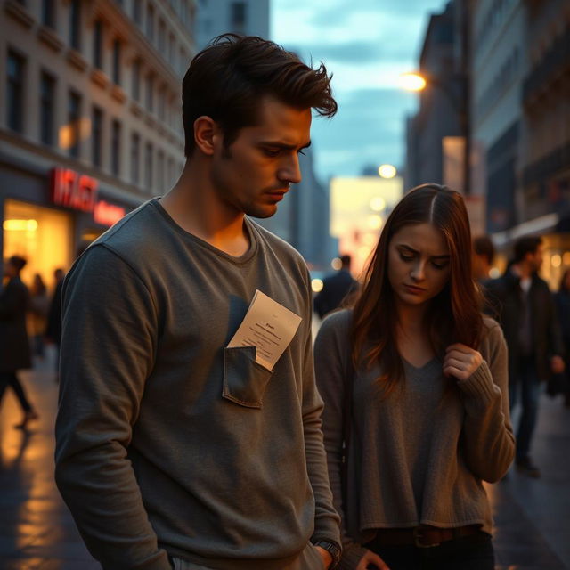 A heart-wrenching scene depicting a sad breakup on a bustling city street during twilight